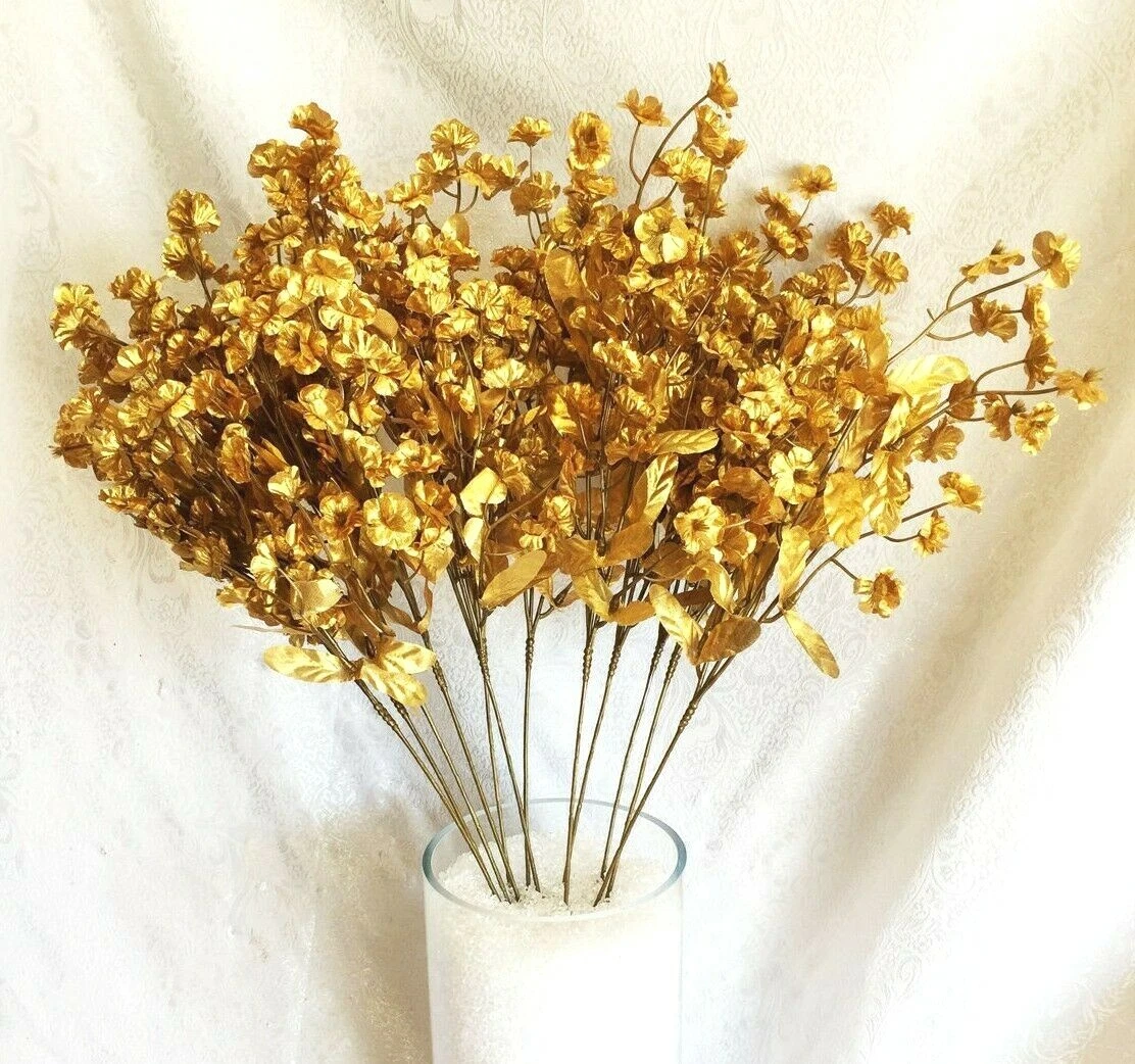 12 Gold Artificial Baby's Breath Faux Gypsophila Silk Flowers Fillers Fake