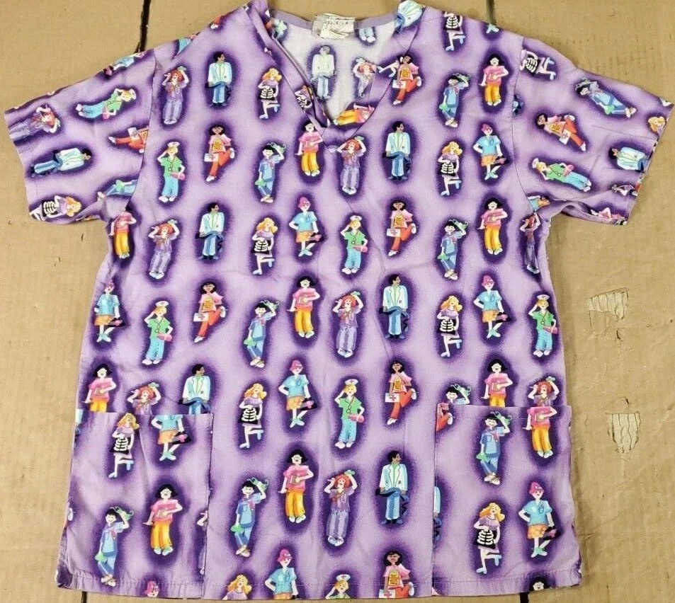 白色天鹅紫色医生护士印花男女通用2口袋磨砂上衣尺寸S — 第 2/4 张图片