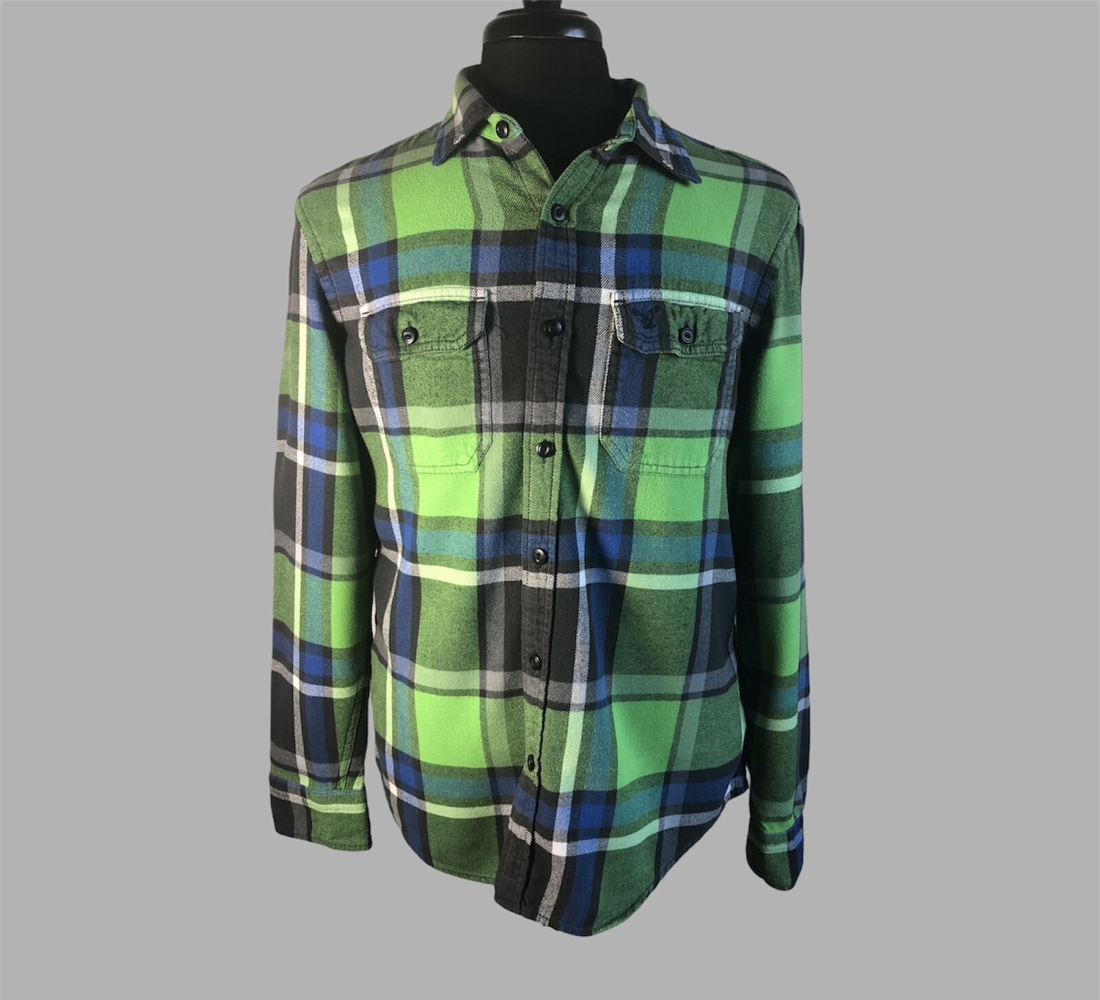 Men's American Eagle Plaid Flannel Shirt Blue Green S… Gem