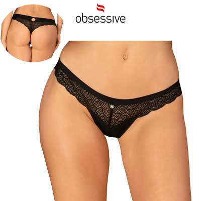 Obsessive Sexy Women Black Lace Sheer Stretch Briefs with Jewelry