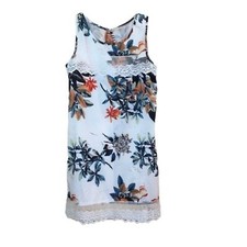 M Jaoran White Mulicolor Tropical Print Dress with Lace Trim, Sleeveless, L