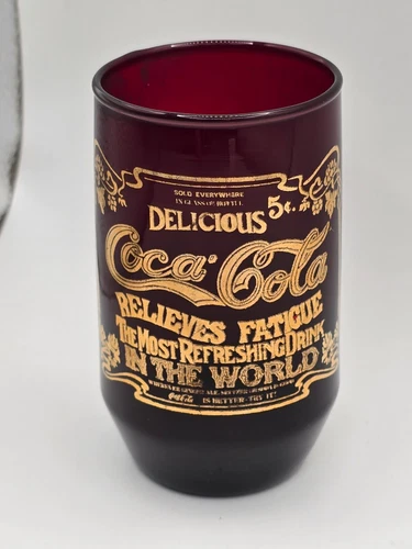 Vintage Coca Cola Ruby Red Glass Tumbler Relieves Fatigue Most Refreshing Drink