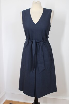 Theory 6 Blue Wool V-Neck Pleated Tie Belt Tank Dress | eBay