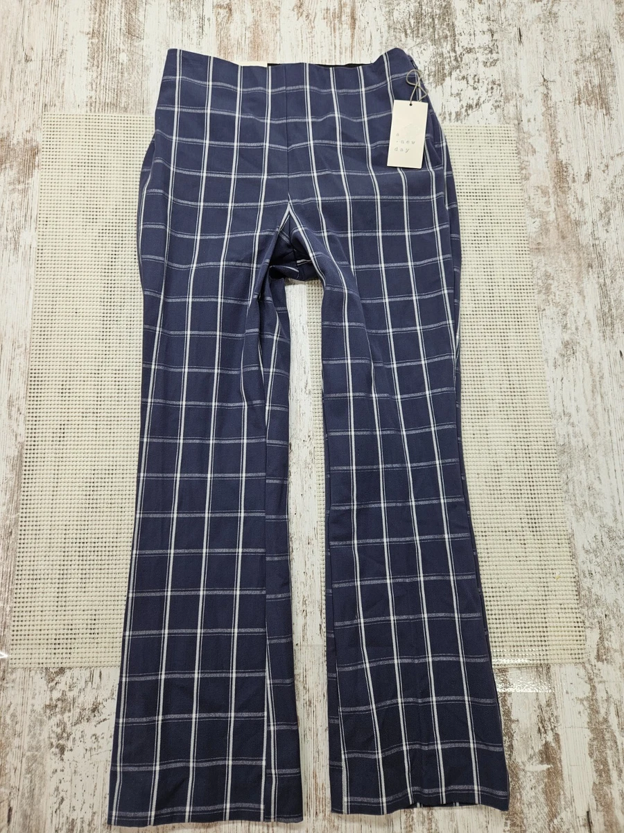 A New Day Women Cropped Kick Flare Pull On Pants Stretch Size 6 Navy Blue Plaid