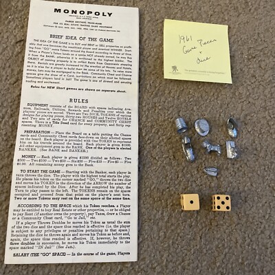 1961 Monopoly Vintage Game Pieces Rule Sheet Iron Thimble Race Car ++ Parker Bro