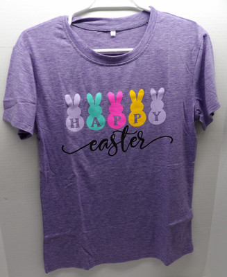 Purple Happy Easter Bunny Theme Crew Neck SS Knit Tee Women's Size S NWT