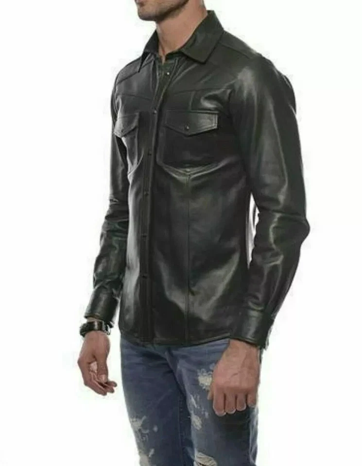 Chaqueta Camisa Western De Cuero Negro Genuino Con Botones Y Bolsillos