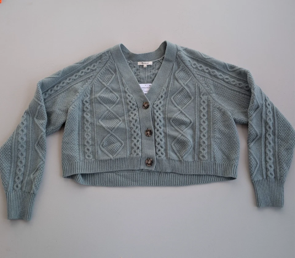 Cardigã Madewell malha cabo gola V cropped suéter mistura de lã em rio desbotado - Imagem 2 de 4