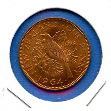 1964 New Zealand Tui Bird One Penny 1c Bronze Coin #57 Brilliant Uncirculated 