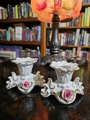 Vtg Pair Dresden Porcelain Candle Holder Rose Applique Gold Trim Cottage Country