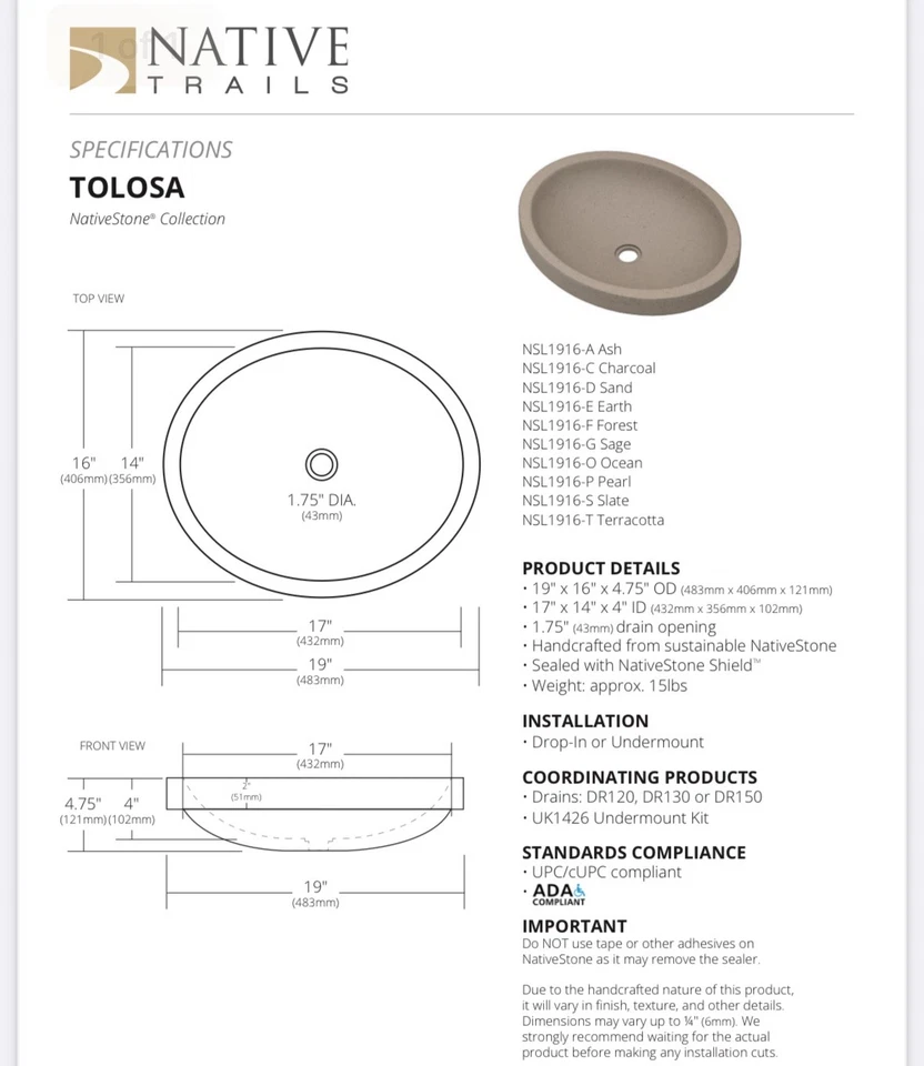 Native Trails NSL1916-E Tolosa 19 英寸滴入或安装下椭圆形单水槽 — 第 2/2 张图片
