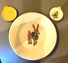 Fiesta Homer Laughlin CHRISTMAS XMas Holiday Reindeer & Wreath PLATE 2 ORNAMENTS