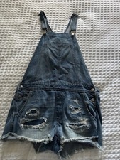 American Eagle Denim Shortalls. Distressed Size M. Light Wash Raw/Frayed Hem.