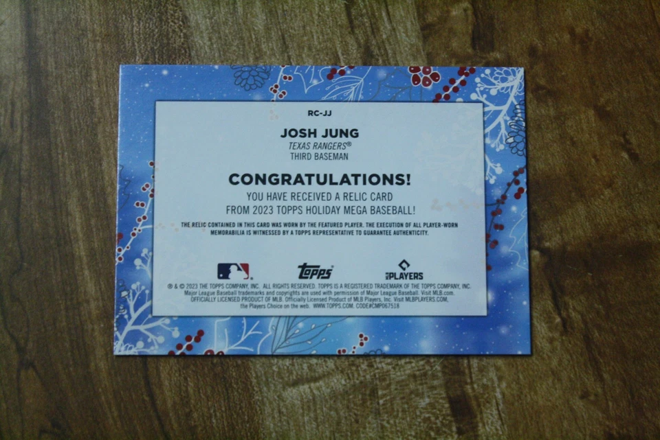 JOSH JUNG 2023RC TOPPS HOLIDAY PLAYERS WORN MEMORABILIA # RC-JJ - Image 2 of 2