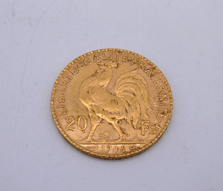 1914 France Gold 20 Francs French Rooster Coin. F245