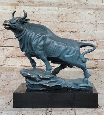 Stock Market Bull Bronze Statue Marble Sculpture Signed Artwork Handmade Office