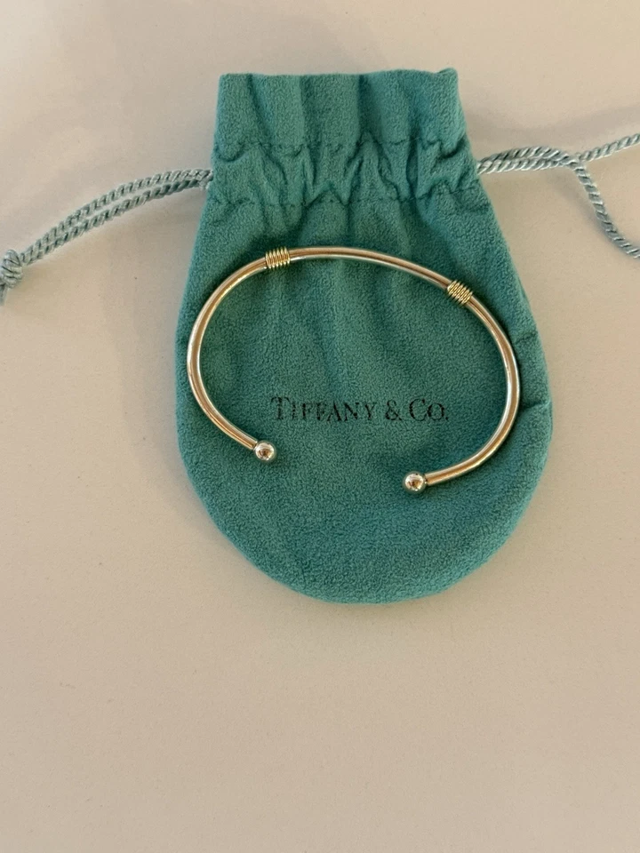 TIFFANY & CO STERLING SILVER 18K 750 YELLOW GOLD DOUBLE COIL 4mm CUFF BRACELET - Image 2 of 4