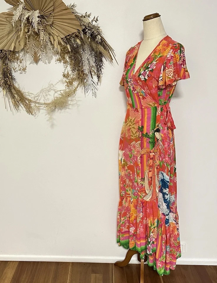 Ruby Yaya Wrap Midi Dress Floral Hawaiian Pattern Colourful Boho Size M Day Tea - image 2 of 4