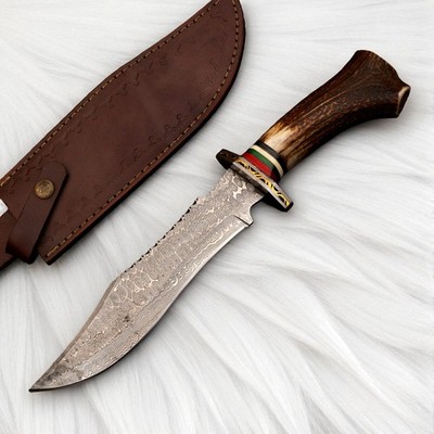 Custom Made Hand Forged Damascus Steel Jungle/ outdoor BOWIE w/ Stag antler grip