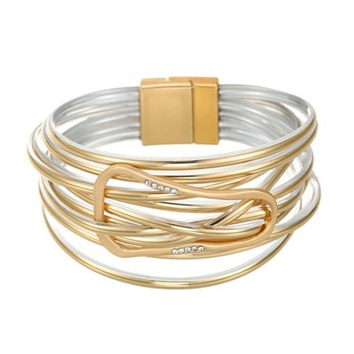 Boho Punk Bracelet - Gold/Silver Multilayer PU Round Wide Band Cuff for Women, E