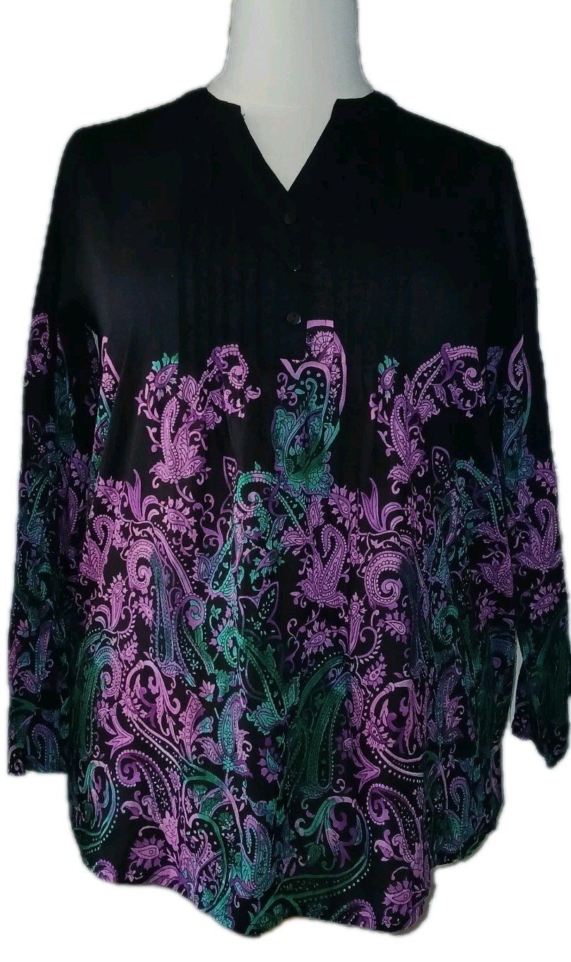 NEW Collections Etc L Paisley Pintuck Long Sleeve Light Cotton Top Multicolor 