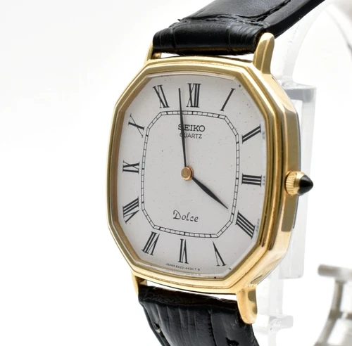 Vintage 1991 [N MINT] Seiko Dolce 6020-5970 10K Gold White Men's Watch JAPAN