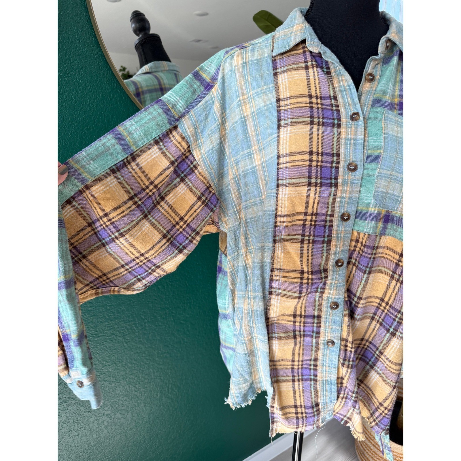 Easel Plaid Patchwork Button Down Shirt Womens S … - image 2