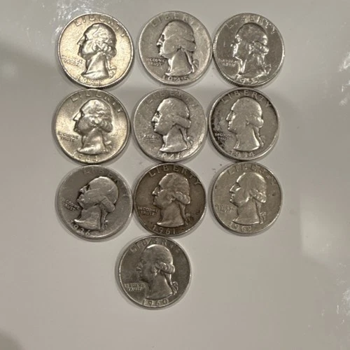 Washington Quarters Lot of  10 circulated  90% silver  1964 and older