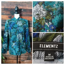Elementz Jacket Blazer Size M 90s Full Zip Spring Turquoise Floral Lightweight 