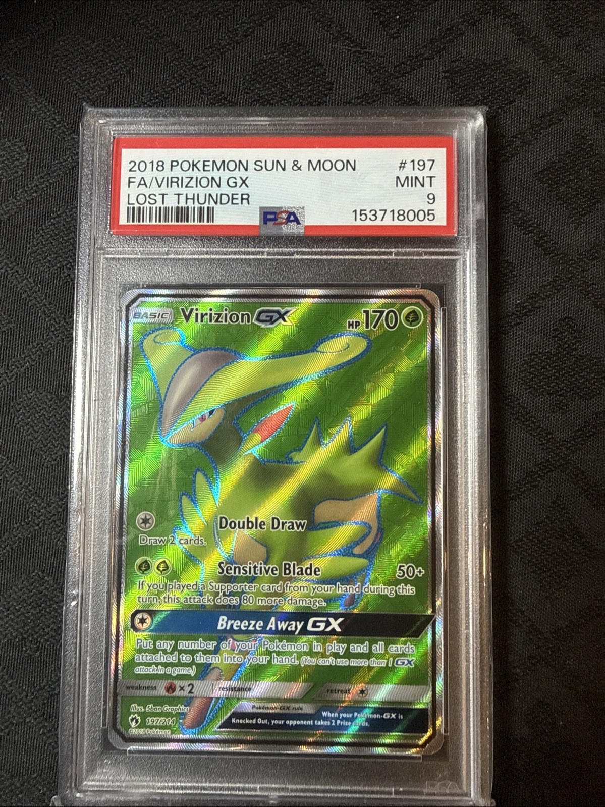 2018 POKEMON SUN & MOON LOST THUNDER 197 FULL ART/VIRIZION GX Psa 9