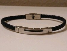 Viceroy Men's Braided Leather Stainless Steel Bar Bracelet Black Silver *SCRATCH
