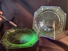 Set Of 2 Princess Green Depression Glass 9” Dinner Plates ~ Uranium Glow READ