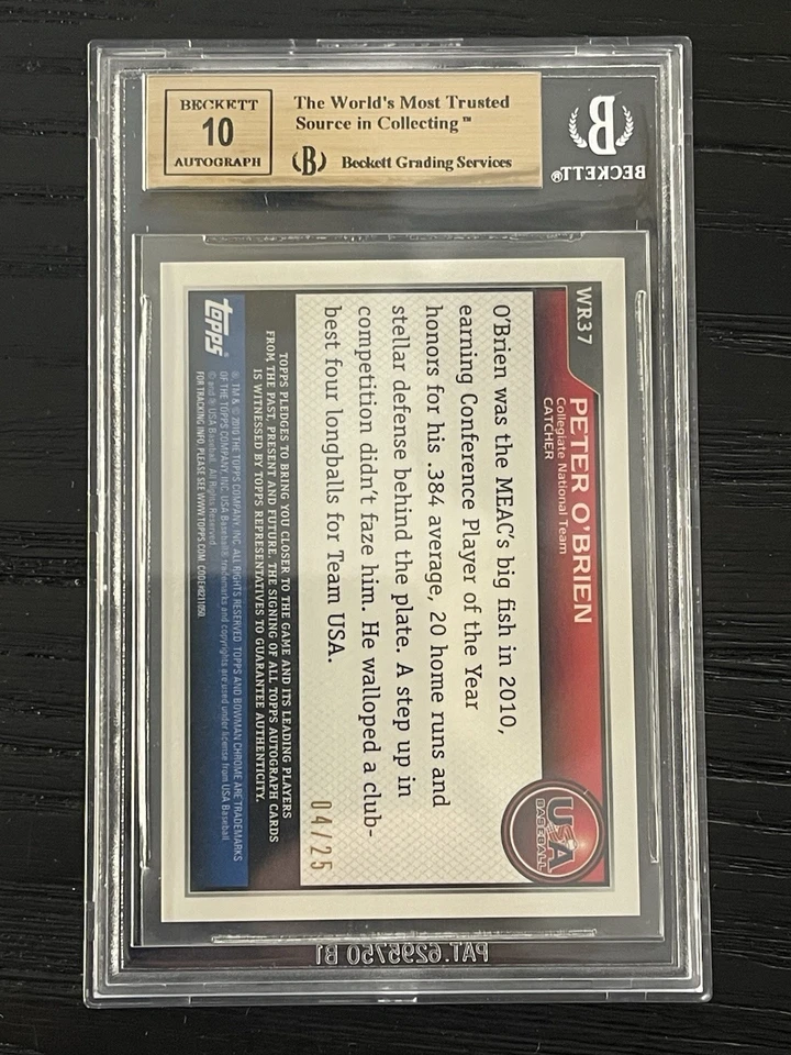 2010 Bowman Chrome USA Baseball Peter O’Brien Black Refractor Auto #/25 BGS 9.5 - Image 2 of 2