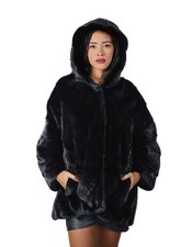48-54 Black Mink Fur V Work Hooded Three Sleeve Coat...