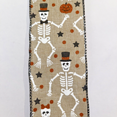 Halloween Skeleton Orange Glitter Pumpkins on Canvas Wired Ribbon 2.5"x5 Yds New - Picture 5 of 5