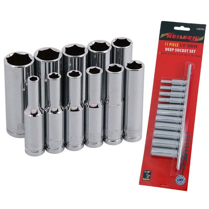 11pc 1/4"" DRIVE DEEP METRIC SOCKET SET 4mm to 13mm on storage rail Neilsen Tools