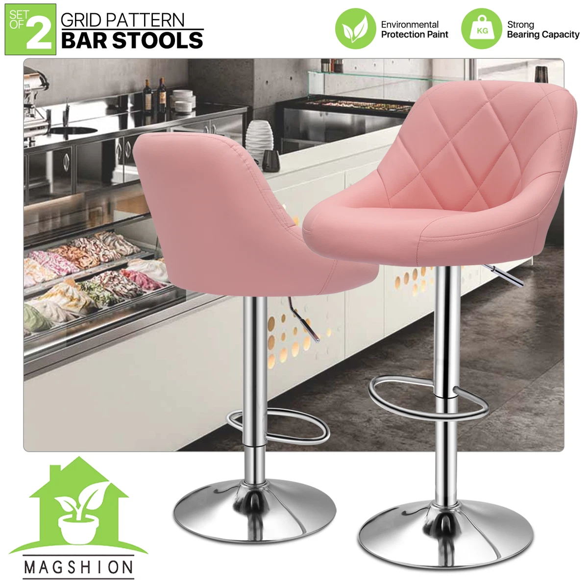 Set of 2 Bar Stools Leather Adjustable Pub Seat Pink Counter