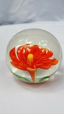 Vintage Art Glass Paperweight Orange Flower Amaryllis 