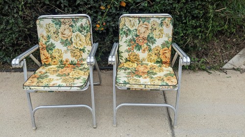 Vintage 1960’s Multicolor Finkel Patio Chairs Aluminum Folding Tiger paw pair 2
