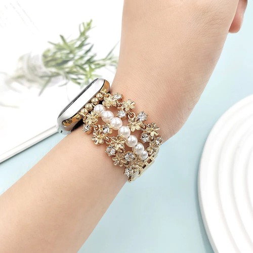 Brazalete de aleación de joyería de perlas para correa de reloj Apple 42 mm 46 mm 49 mm 40 44 45 mm - Imagen 5 de 13