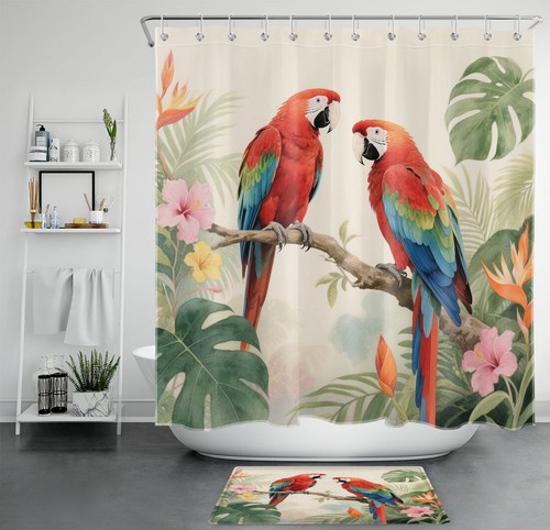 Ensemble rideau de douche perroquet feuilles de palmier vert tropical été pour achats décoration salle de bain