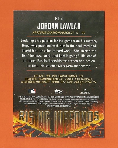 Bowman 2024 cromo ascendente infiernos Jordan Lawlar #RI-3 ARIZONA DIAMONDBACKS - Imagen 2 de 2