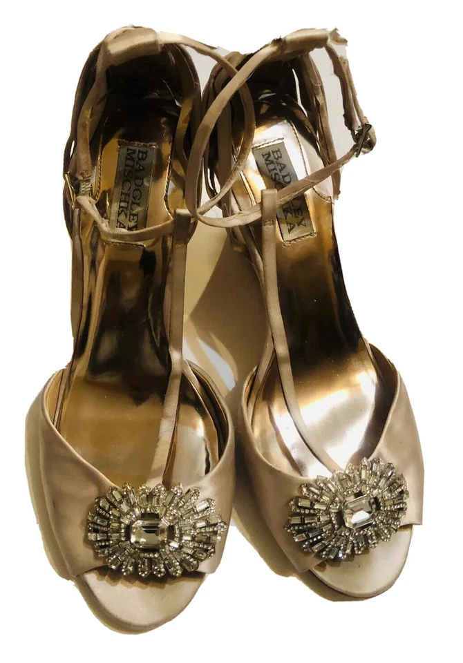 Badgley Mischka Mujer Champagne Satén Correa al Tobillo Cuñas Tacones Trenzados Talla 8 Foto 2 de 4