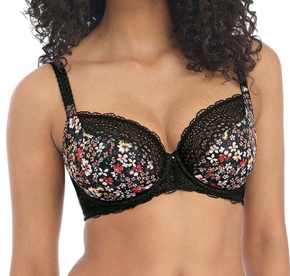 Freya Boho Vibes Bra Black Floral Mesh Size 30F Underwired Plunge Balcony 400702