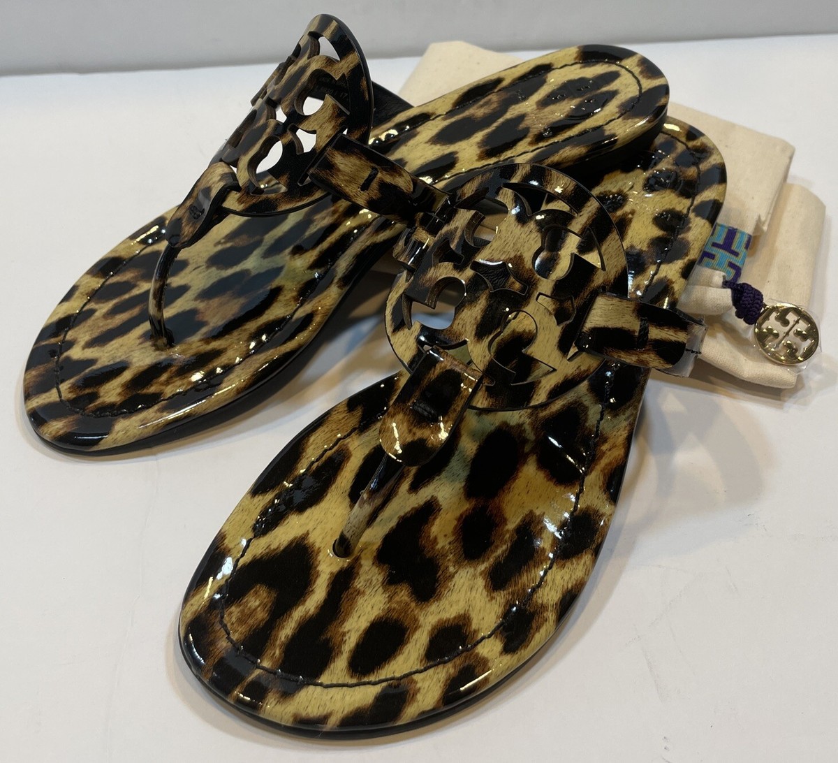 Excellent Tory Burch Miller Natural Leopard Patent Leather Sandals