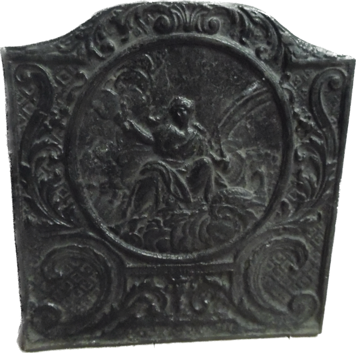 SUPERBE GRAND BENITIER FONTE de FER XIXe Décor aux ANGELOTS PUTTIS Jésus Christ Noir