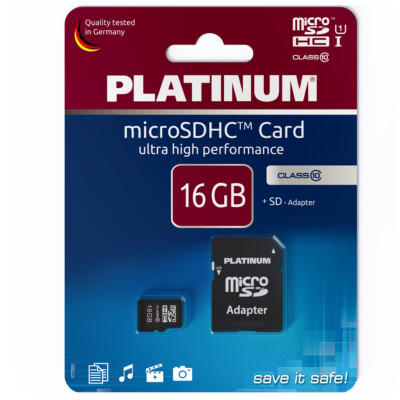 Platinum 16 GB micro SDHC Speicherkarte Class 10 Flashspeicher inkl. SD Adapter