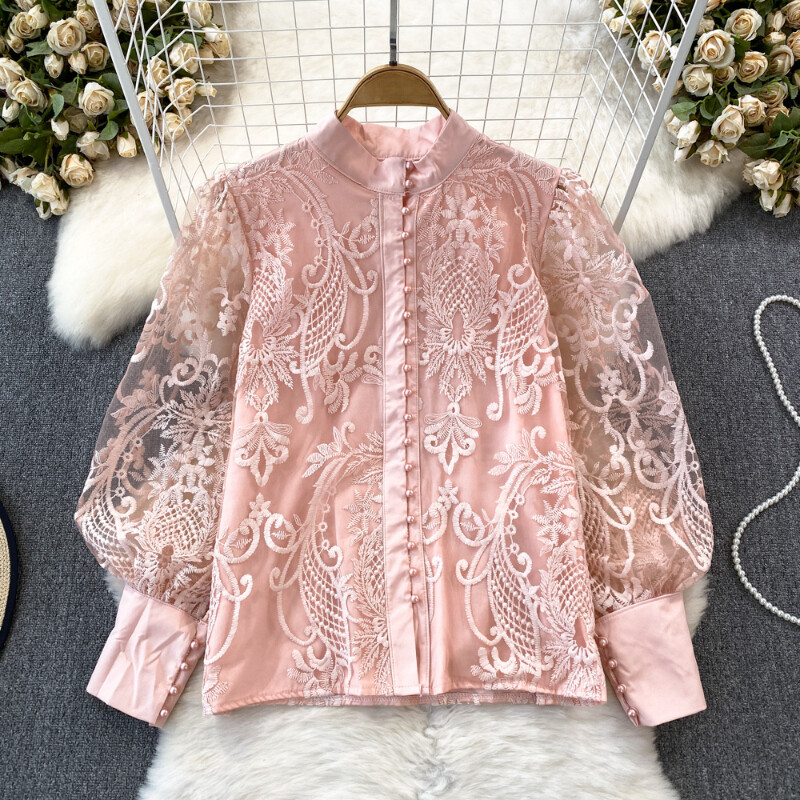Elegant Lady Floral Lace Shirt Blouse Tops Button Puff Sleeve