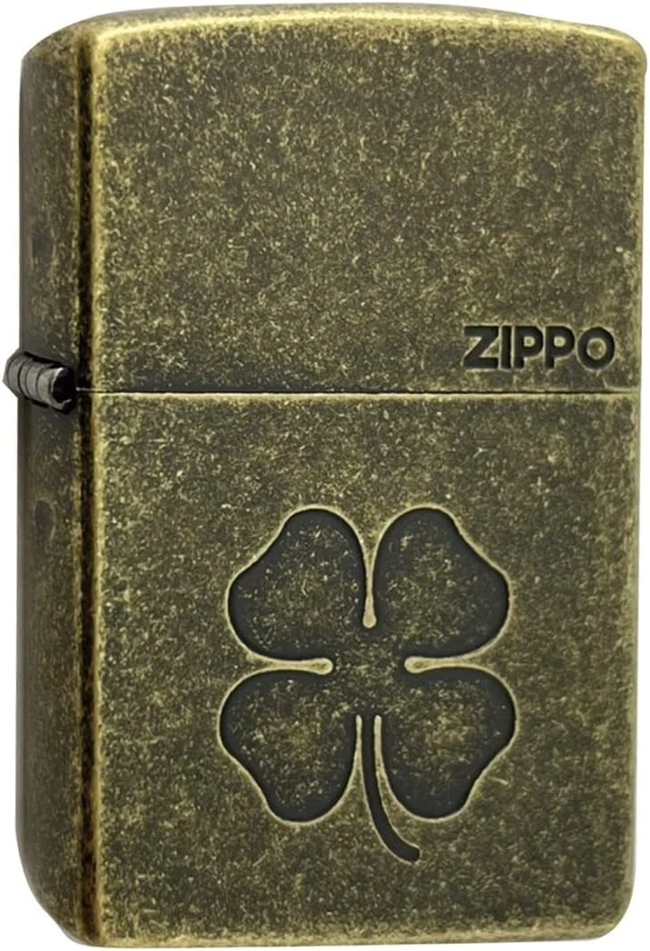 Zippo Oil Lighter Four Leaf Clover Antique Brass Regular Case Good