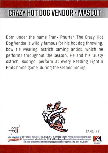2017 Reading Fightins Theme Night Choice #21 Crazy Hot Dog Vendor MASCOT NM Card - 第 2/2 張圖片